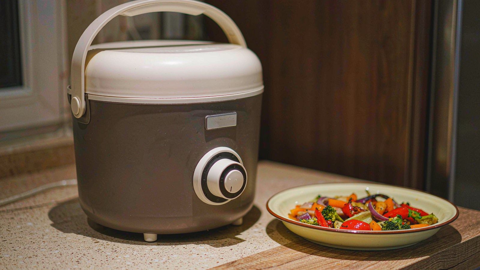 A compact air fryer on a kitchen counter beside a plate of roasted vegetables under warm overhead light