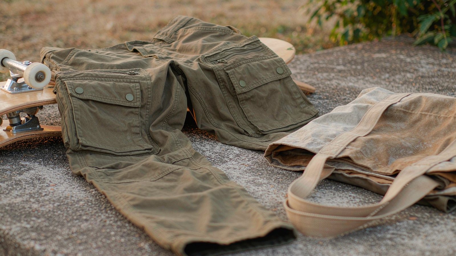 Olive cargo pants laid flat on a concrete floor beside a canvas tote bag and a skateboard deck