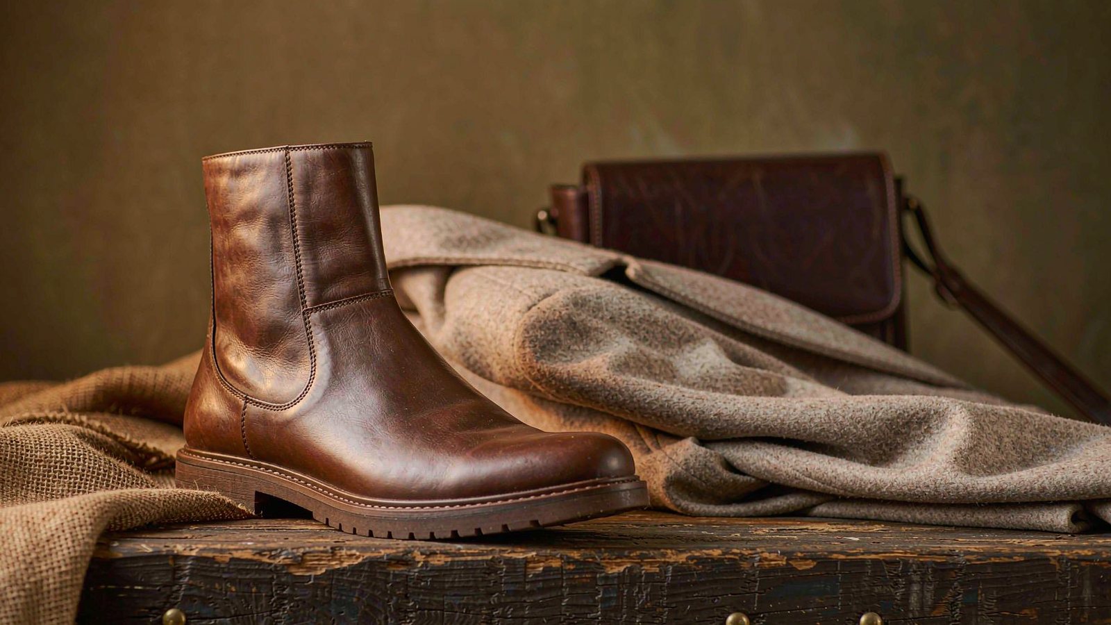 Brown leather Chelsea boots on a wooden bench beside a folded wool coat, photographed in warm side light.