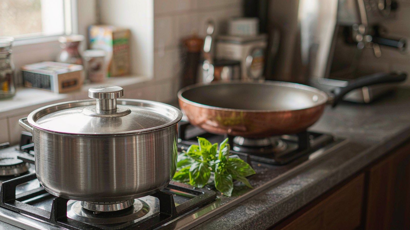 A stainless steel saucepan and frying pan on a gas hob in a small warm kitchen with fresh herbs on the counter