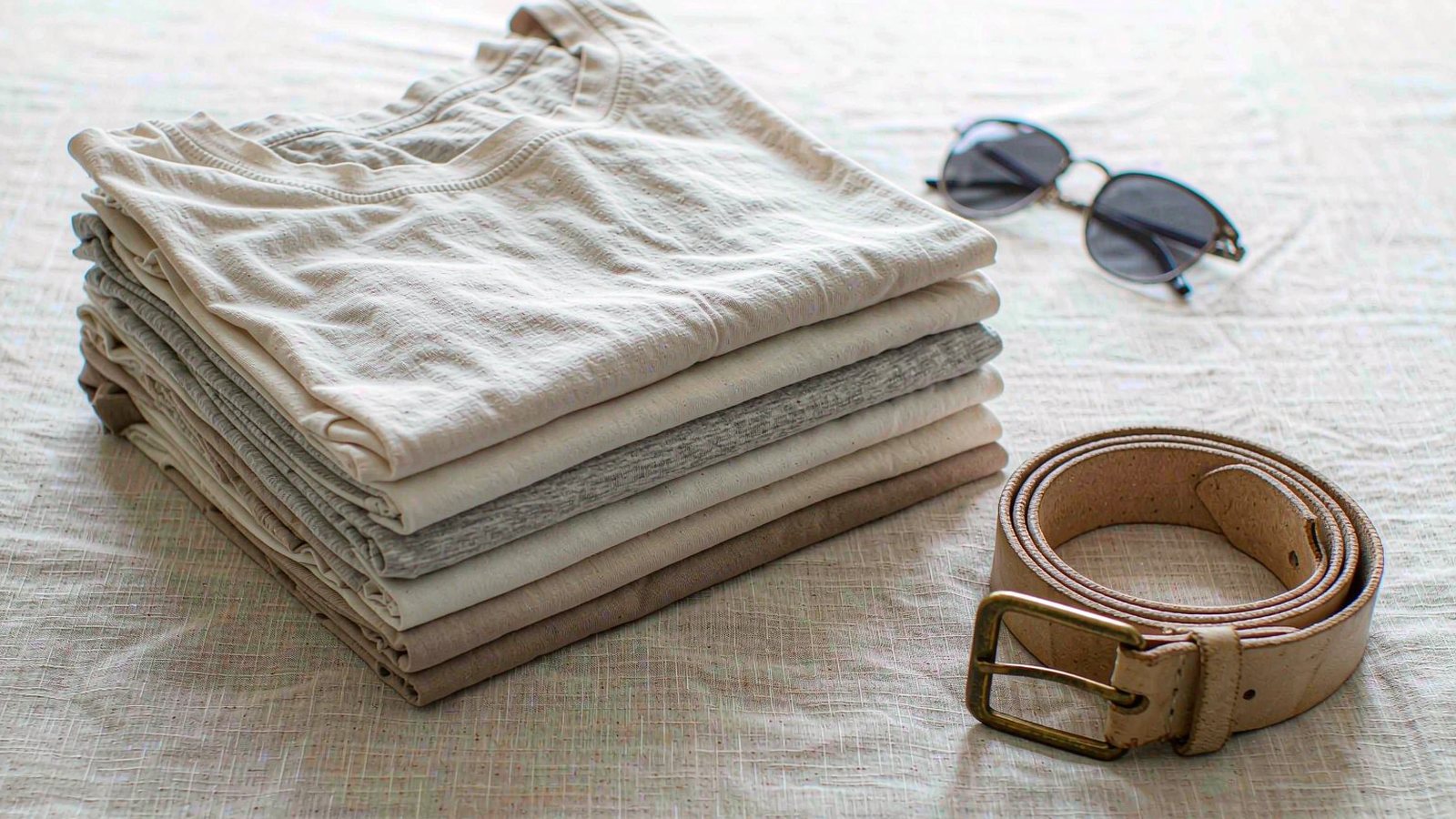 Neatly folded plain cotton T-shirts in neutral colours stacked on a pale linen surface beside a pair of sunglasses in soft daylight