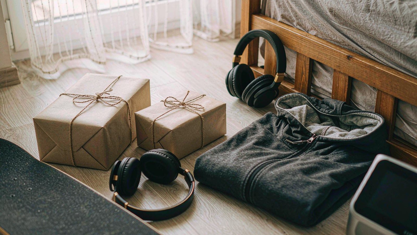 Wrapped gifts in plain neutral paper on a bedroom floor beside a pair of headphones and a skateboard deck in warm daylight