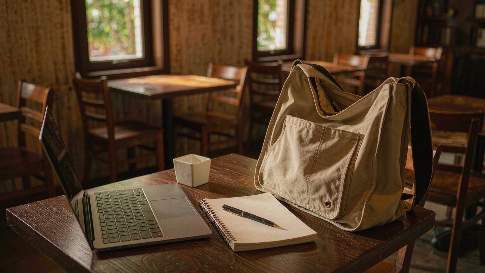 An open slim laptop on a wooden library table beside a notebook, a pen and a canvas tote bag in warm afternoon light