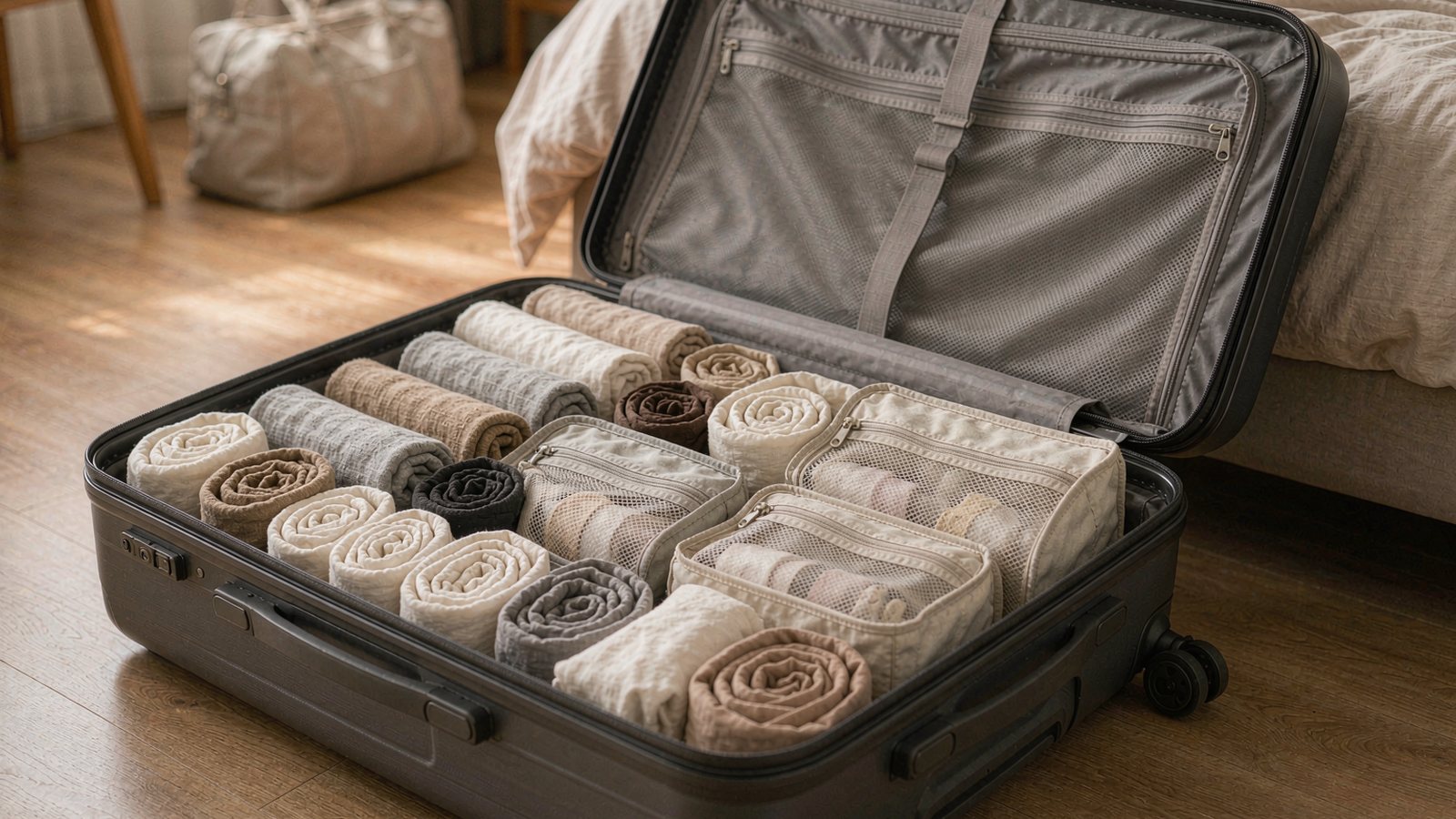 An open carry-on suitcase packed with rolled neutral clothing and packing cubes on a bedroom floor in warm light