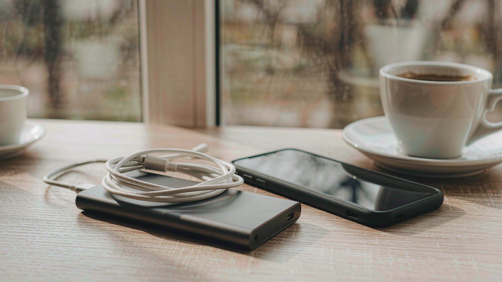 A slim black power bank and a coiled braided cable resting on a cafe table beside a phone and a cup of coffee in natural light