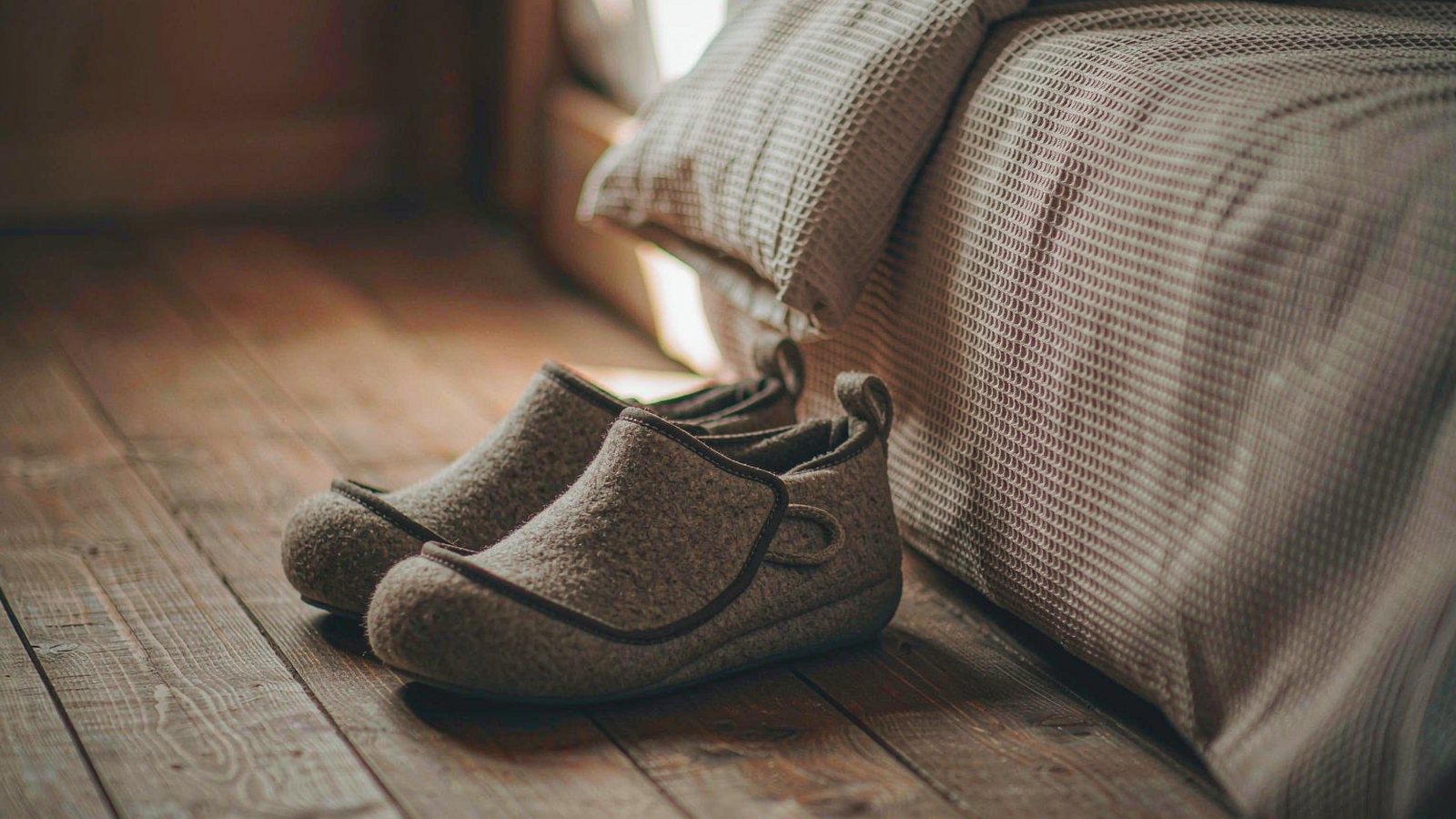 Cosy felt slippers left by a bed on a wooden floor with a folded blanket nearby, lit by warm morning light.