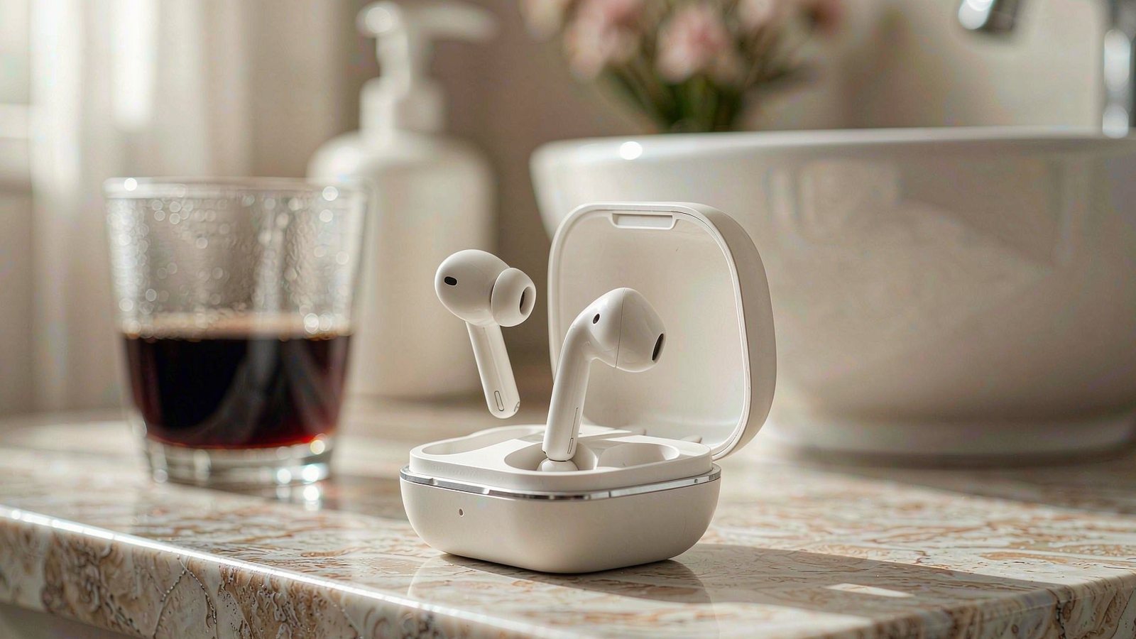 Small white wireless earbuds resting in an open charging case on a marble surface beside a hand mirror in soft morning light