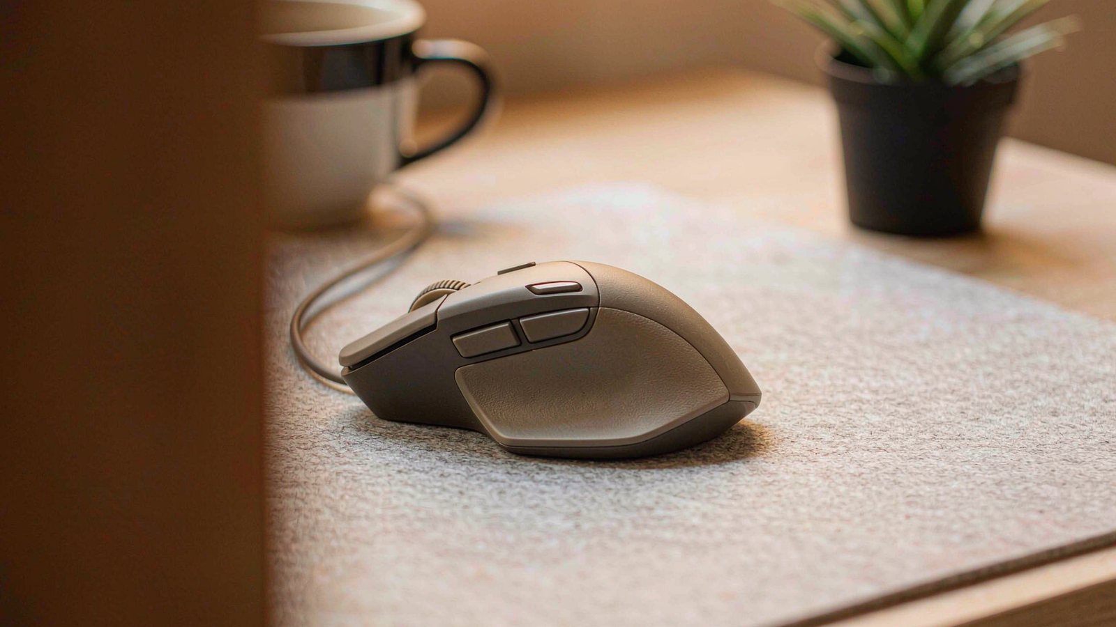 A sculpted ergonomic wireless mouse on a grey desk mat beside a cup of coffee, lit by soft side light